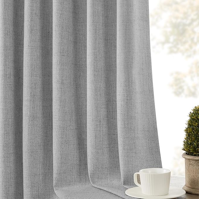 CUCRAF Linen 100% Blackout Curtains 96 Inch Length 2 Panels Set, Back Tab and Rod Pocket Curtain for Living Room Bedroom, Room Darkening Window Drapes Thermal Insulated, (52x96 inch, Light Grey)