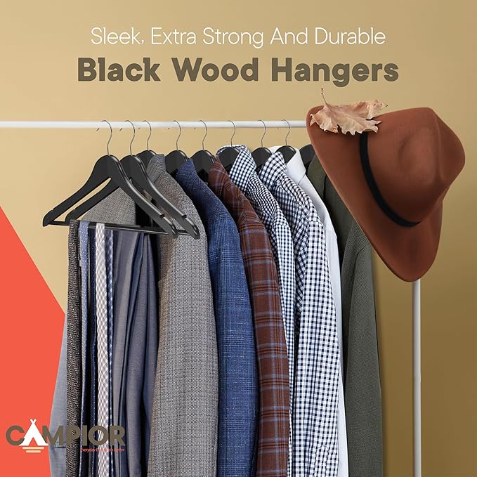 Black Wooden Hangers 100 Pack – Heavy-Duty with 360° Swivel Hook, Non-Slip, Pants Bar & Shoulder Grooves - Wooden Hangers for Suits, Jackets, Dresses & Camisoles, Space-Saving and Smooth Finish