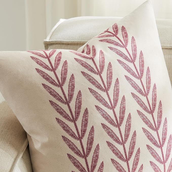 100% Cotton Farmhouse Leaves Throw Pillow Covers Set of 2, 22x22 Inch Burgundy Pastoral Decorative Print Cushion Covers for Sofa Bed Living Room Home Decor