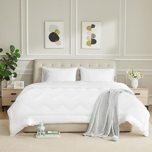Duvet Insert Cotton Comforter Queen Size White Down Alternative Duvet Insert 100% Cotton Shell Quilted Fluffy Comforter Lightweight All Season 4 Corner Tabs Durable Breathable Noiseless