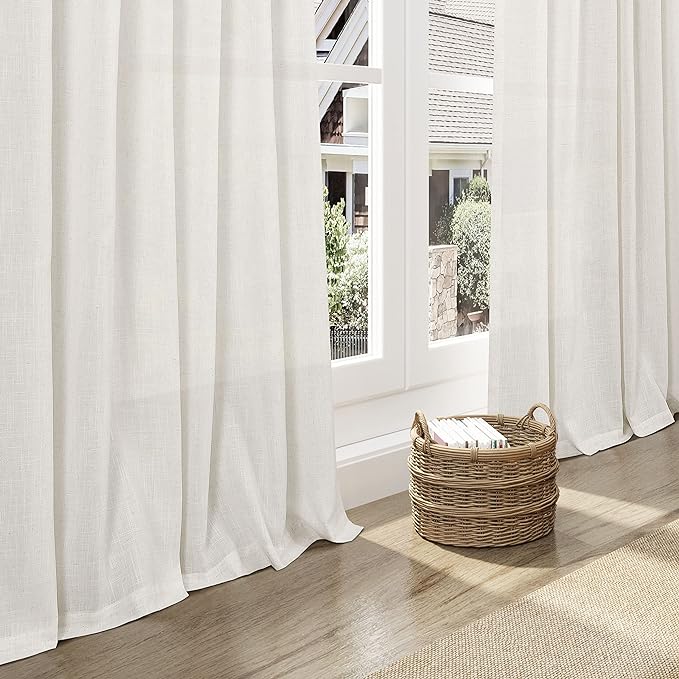 Cream Linen Curtains 112 Inches Long for Living Room Extra Long Back Tab Curtains Neutral Farmhouse Light Filtering Semi Sheer Linen Drapes Ceiling to Floor for Large Window 2 Panels Set 52x112