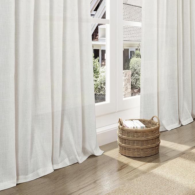 Nanspring Natural Linen Curtains 102 Inches Long for Living Room Rustic Light Filtering Semi Sheer Curtains Back Tab and Rod Pocket Farmhouse Decor Curtain for Bedroom Office 52x102, 2 Panels
