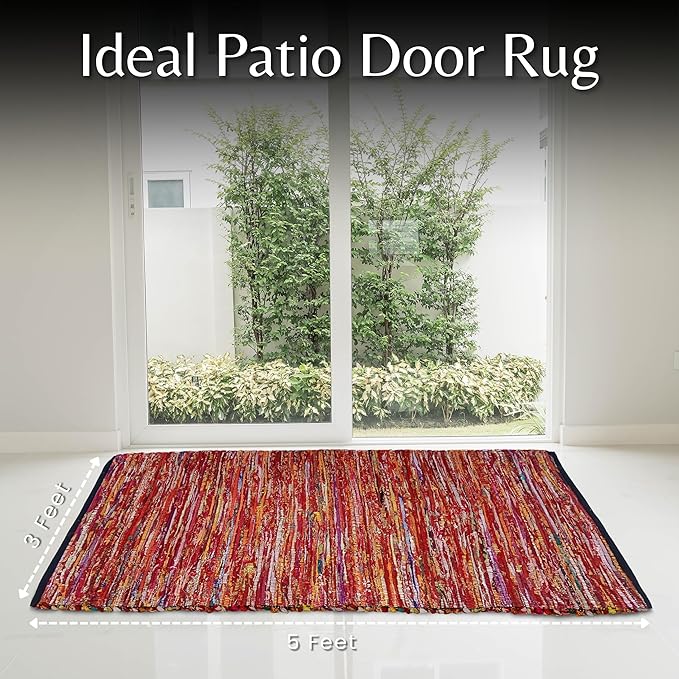 Cotton Hand Woven Area Rug 3x5 Feet - Multi, Reversible Bohemian Large Chindi Rag Rugs Ideal for Bedroom, Living Room, Nursery | Red Farmhouse Home & Office Floor Décor Mat for Dinning Space