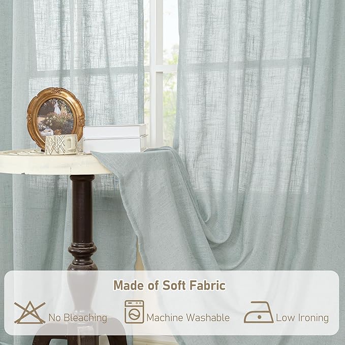 LAMIT Short Window Linen Curtains 36 Inch Length 2 Panels, Greyish Blue Light Filtering Panels Back Tab and Rod Pocket Neutral Drapes for Bathroom/Loft Room, 34 x 36 Inch