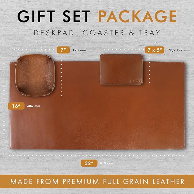 ELIZO Leather Desk Pad Real Leather Desk Mat Thick (3mm) Double Layer (32x16) Cover Blotter Desk Protector Large Computer Mat for Keyboard Mouse Pad Table Laptop Mat Office Accessories - Camel