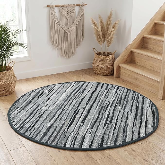 Cotton Hand Woven Chindi Area Rug 4 Feet Round - Charcoal, Reversible Large Durable Indoor Décor Carpet Ideal for Bedroom, Living Room, Nursery | Grey Soft Farmhouse Circle Floor Mat for Home Space