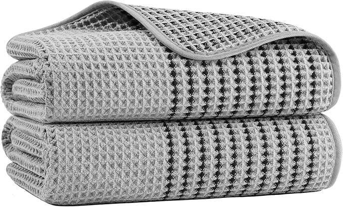 MICROFI New Microfiber Waffle Bath Towels, 2 Pieces, Soft, Absorbent, Fast Drying, Lint Free 430 GSM (Silver Striped)