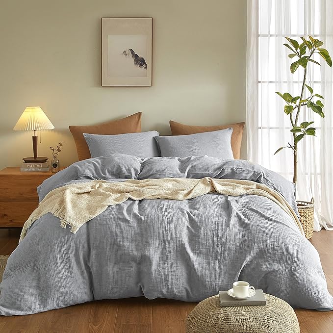SE SOFTEXLY Muslin Duvet Cover Queen Size, 100% Washed Cotton Duvet Cover Set, Ultra Soft Comforter Cover Linen Like, 3 Pieces Minimalist Gauze Duvet Cover with 2 Pillowcases, 90"x90", Light Grey