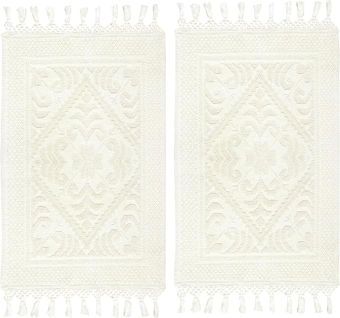 COTTON CRAFT Woven Area Rug - 2 Pack Cotton Jacquard Textured Rug - Boho Farmhouse Rustic Throw Rug with Fringe - Machine Washable Accent Mat for Bedroom Living Room Entryway Nursery - 20x32 - Ivory