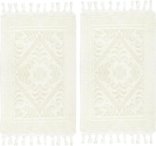 COTTON CRAFT Woven Area Rug - 2 Pack Cotton Jacquard Textured Rug - Boho Farmhouse Rustic Throw Rug with Fringe - Machine Washable Accent Mat for Bedroom Living Room Entryway Nursery - 20x32 - Ivory