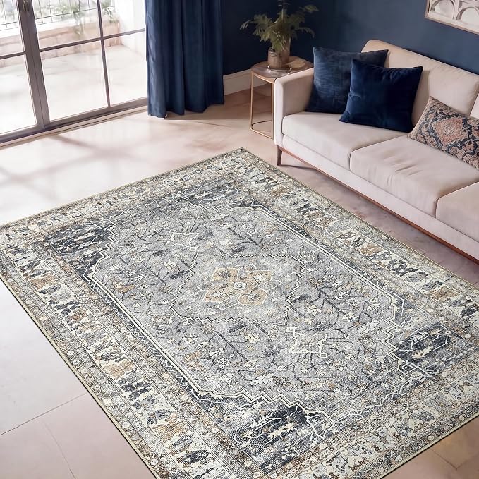 Keen Home Design 5x7 Rug - Machine Washable Area Rug with Non-Slip Backing, Ideal for Living Room, Dining Room, Bedroom - Vintage, Easy Clean, Durable, Low Pile Rug - (5' x 7')