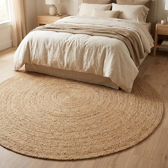 THE BEER VALLEY Jute Braided Area Rug 6 Feet Round - Natural | Reversible Handwoven Circle Rug for Living Room, Bedroom, Nursery - Large Farmhouse Indoor Décor Floor Mat