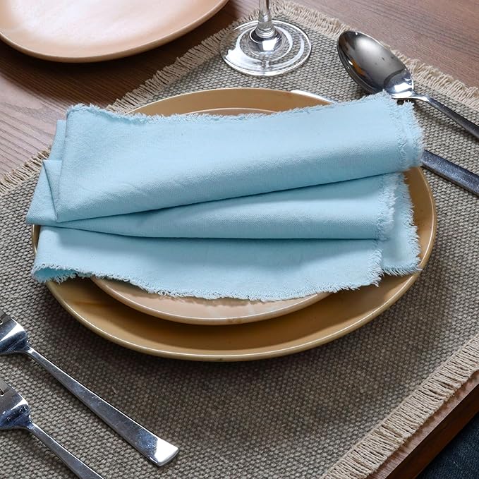 Ramanta Home Cloth Napkins Set of 12 Light Blue 18x18 Inch - Spring Soft & Durable Frayed Dinner Napkin for Easter Wedding, Birthday | Heavy Weight Fabric Table Linen for Everyday Use Family Dinners
