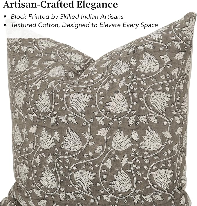 Hand-Block Printed, Artisan-Made Neutral Accent Throw Pillow Covers- 100% Cotton Cushion for Sofa, Bed, Chair, Home Decor, Boho, Indoor - Sansa (New Greige, 20" x 20" (Pack of 2))