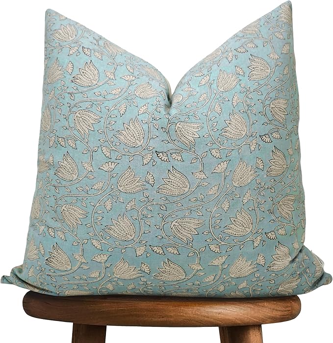 Handmade Block Print 100% Thick Cotton 20 x 20 inch Throw Pillow Cushion Cover with Zipper - Pillowcase for Bedroom, livingroom, Couch, Sofa, Outdoor, Chair, Bed, Home Décor- Sansa (Misty Blue)