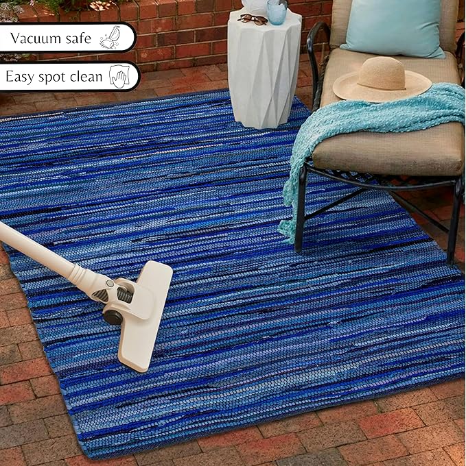 Ramanta Home 100% Cotton Hand Woven Tonal Chindi Rag Rug 3'x5' - Navy, Recycled Reversible Rugs, Boho Rustic Farmhouse Rugs for Living Room, Dinning Room, Kitchen Floor Mats - 36"x60"