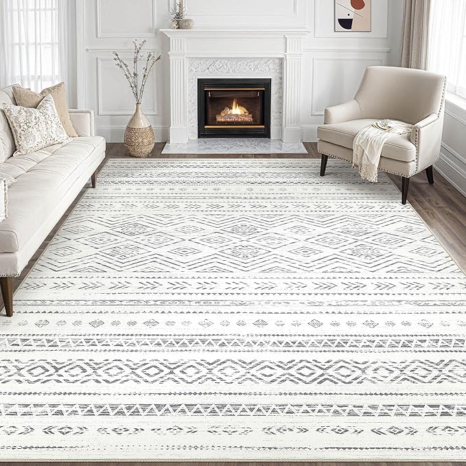 Tortania Area Rug Living Room Rugs- 9x12 Washable Large Soft Neutral Boho Moroccan Bohemian Farmhouse Rug Indoor Floor Carpet for Bedroom Under Dining Table Home Office Decor - Beige Gray