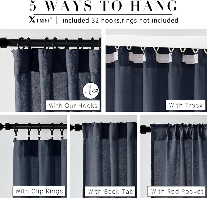 XTMYI Navy Blue Curtains 96 Inches Long,Linen Semi Sheer Gaming Gamer Curtains for Boys Room Men Bedroom Man Cave Office,96in Length 2 Panels Set,Dark Ocean