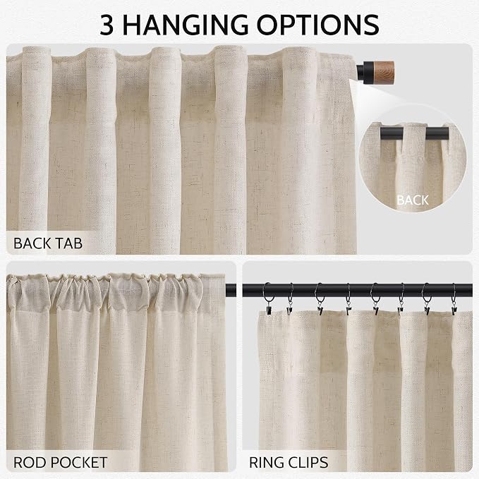 Nanspring Cream Beige Curtains 90 Inches Long for Living Room Linen Light Filtering Semi Sheer Curtain Back Tab Rod Pocket Modern Farmhouse Decor Elegant Coastal Drapes for Bedroom 52x90, 2 Panels