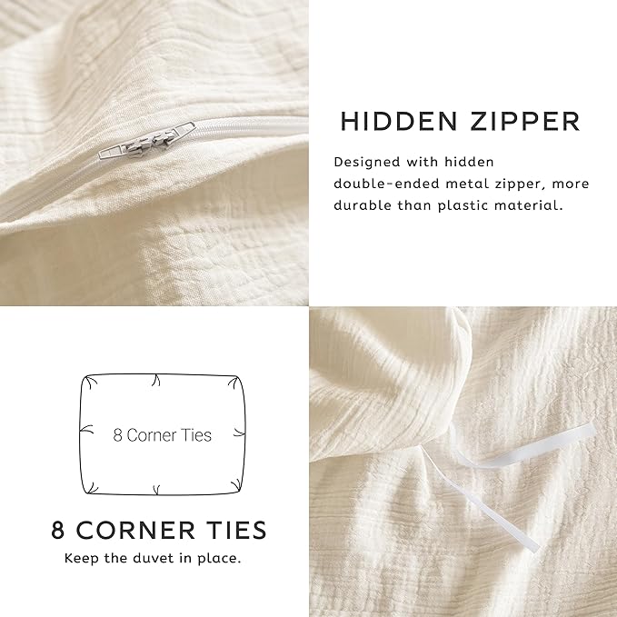 SE SOFTEXLY Muslin Duvet Cover Queen Size, 100% Washed Cotton Duvet Cover Set, Ultra Soft Comforter Cover Linen Like, 3 Pieces Minimalist Gauze Duvet Cover with 2 Pillowcases, 90"x90", Off-White