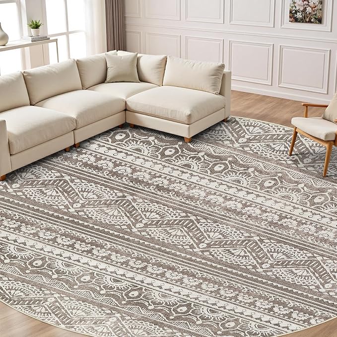 Tortania 10' Round Area Rug Living Room Rugs - Washable Large Soft Neutral Boho Moroccan Bohemian Farmhouse Rug Indoor Floor Carpet for Bedroom Under Dining Table Home Office Decor - Dark Brown