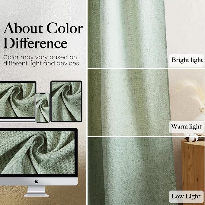 NICETOWN Sage Green Linen Blended Curtains 63 Inch for Bedroom, Light Filtering Semi Sheer Burlap Curtains Farmhouse Grommet Privacy Window Drapes for Living Room, 2 Panels (52 x 63 Inch)
