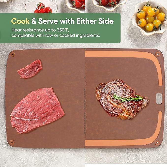 Wood Fiber Cutting Board for Kitchen - Premium Wood Fiber Cutting Board with Juice Groove and Non-slip Feet, Dishwasher Safe, Knife-Friendly Chopping Board for Meat, Bread, Fruit, 17.3”x12.8”, Brown