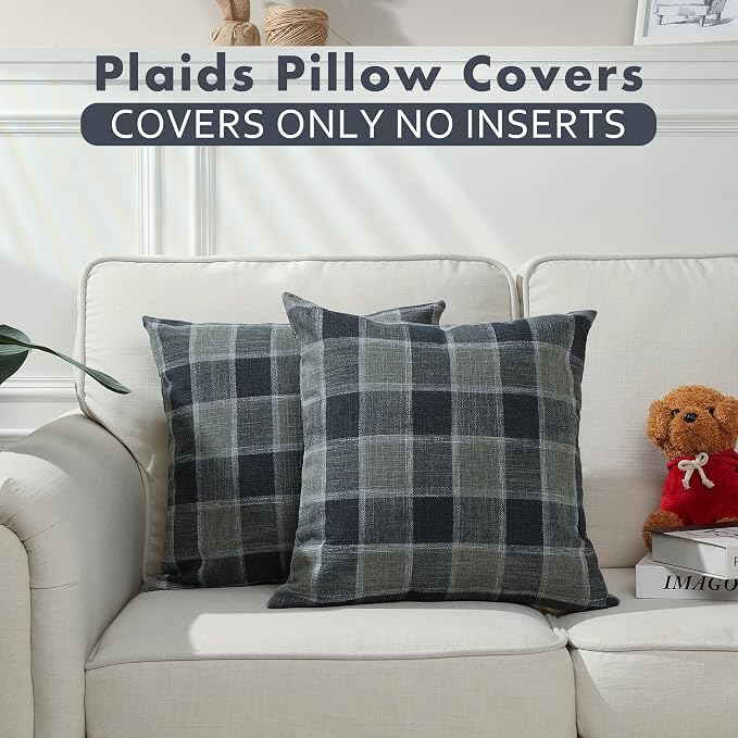 Stellhome Pack of 2 Linen Buffalo Check Throw Pillow Covers, Farmhouse Plaid Decorative Cushion Covers for Couch Sofa Living Room, 22x22 Inch, Dark Grey
