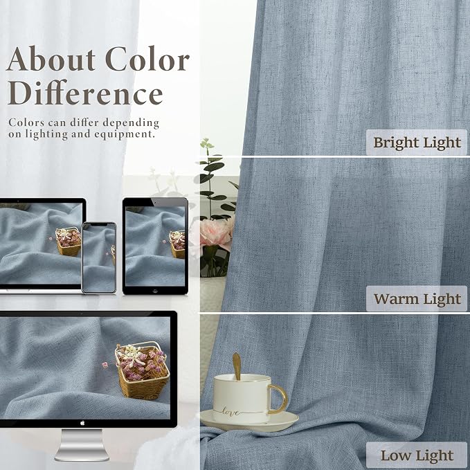 Pitalk Blue Curtains 108 Inches Long for Sliding Glass Door 2 Panels Set Grommet Linen Light Fitering Semi Sheer Curtains for Living Room Back Door Backyard 52x108 Inch Length Grey Dusty Blue
