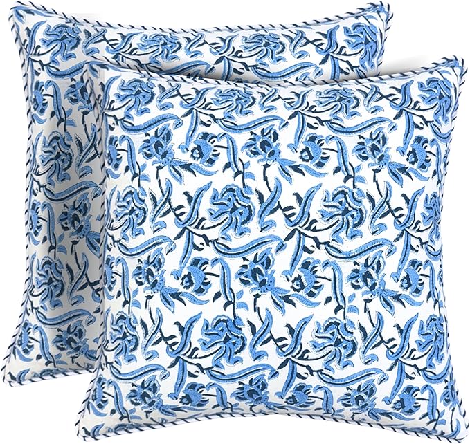 ATOSII Block Print Boho Throw Pillow Covers, 24 X 24, Set of 2, Decorative Couch Pillows for Living Room, 100% Cotton Canvas Acccent Pillows, Christmas Thanksgiving Fall Preppy Throws - Midnight Bloom