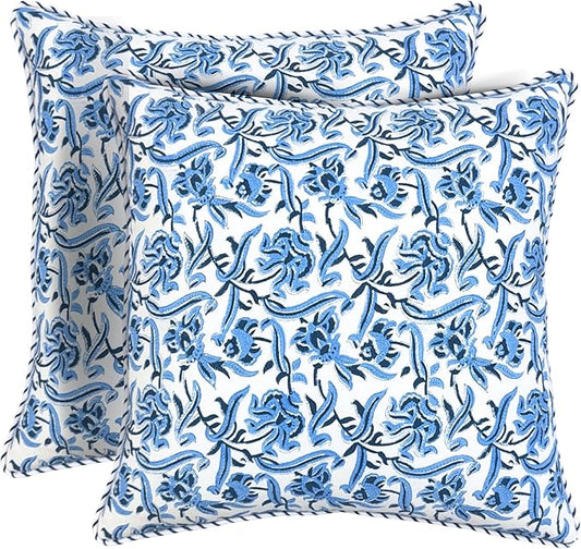 ATOSII Block Print Boho Throw Pillow Covers, 24 X 24, Set of 2, Decorative Couch Pillows for Living Room, 100% Cotton Canvas Acccent Pillows, Christmas Thanksgiving Fall Preppy Throws - Midnight Bloom