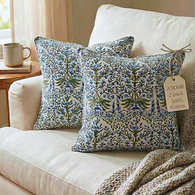 ATOSII Block Print Throw Pillow Covers, 24" X 24" - Set of 2, Decorative Couch Pillows for Living Room Bed Sofa, 100% Cotton Canvas Pillow Case for Home Decor & Outdoors, Preppy Throws - Nargis Blue