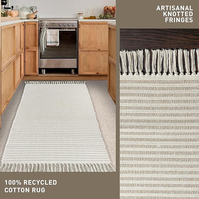 Chardin home Beige & Ivory Providence Throw Rug 2x4.25 feet |Hand Woven Farmhouse Rug | Great in Kitchens entryways doormats Bathrooms Meditation Mat | Machine Washable & Reversible CottonRug