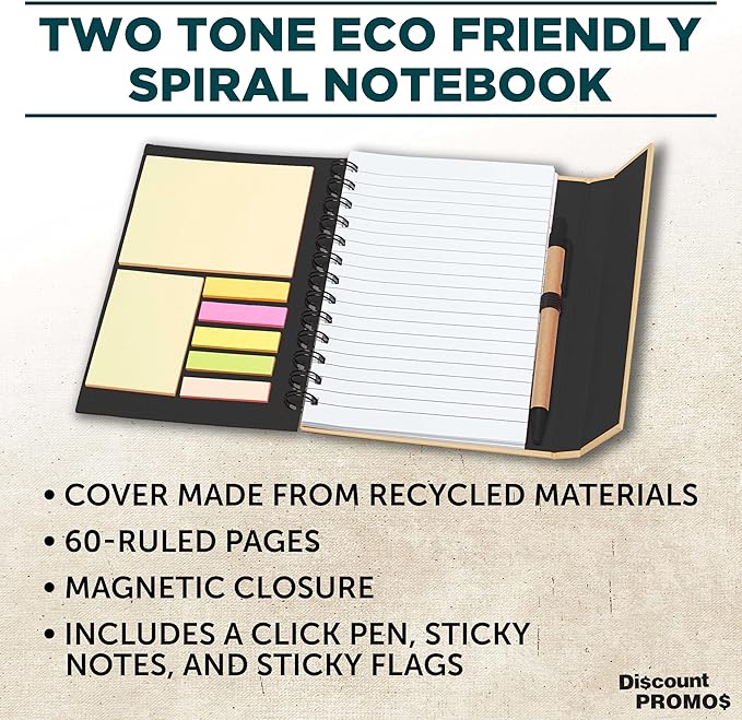 DISCOUNT PROMOS Custom Eco-Friendly Spiral Notebooks with Pens – Set of 10/50/100, Perfect for Mother’s Day Gift – Bulk Pack for School, Office, or Home – Black