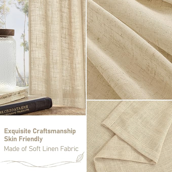 LAMIT Linen Curtains 84 inch Length for Living Room, Light Filtering Semi Sheer Panels Back Tab and Rod Pocket Neutral Drapes for Bedroom, Linen, 2 Panels, 34 x 84 Inch