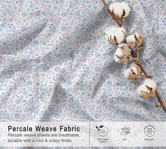 RUVANTI 100% Cotton Organic Percale Sheets Twin XL Size – Crisp Cooling Bed Sheets for Hot Sleepers, Deep Pocket 15”, Soft Peach Finish, Breathable & Durable Hotel-Style 3 Pcs, Multi Paisley