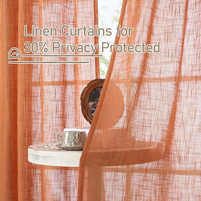 LAMIT 95 Inches Long Linen Curtains for Living Room, Back Tab and Rod Pocket Semi Sheer Curtains Light Filtering Farmhouse Drapes for Bedroom/Dining Room, Burnt Orange, Set of 2, 52 x 95 Inch