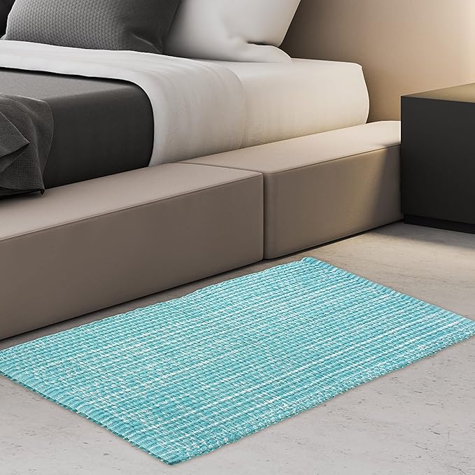 Chardin home Cotton Washable Rug Turquoise and White | 21x34 Bathroom Kitchen entryway | Reversible Handwoven Rug Machine Washable.