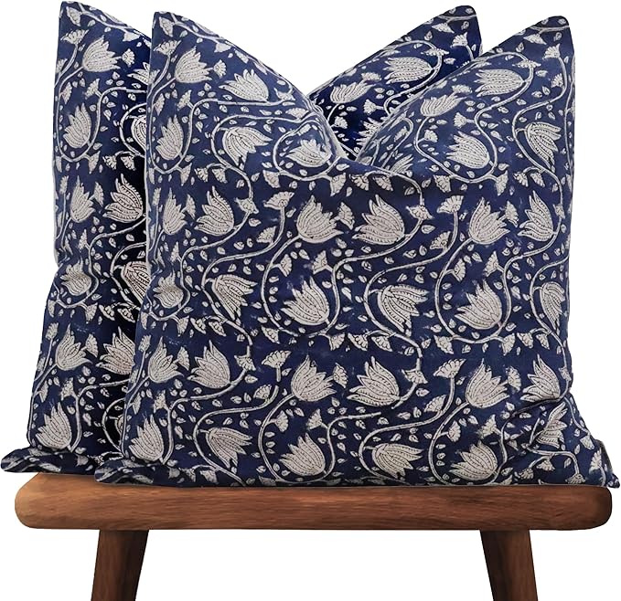 Hand-Block Printed, Artisan-Made Neutral Accent Throw Pillow Covers- 100% Cotton Cushion for Sofa, Bed, Chair, Home Decor, Boho, Indoor - Sansa (Midnight Blue, 20" x 20" (Pack of 2))