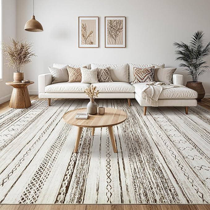 Tortania Area Rug Living Room Rugs - 8x10 Washable Large Soft Neutral Boho Moroccan Bohemian Farmhouse Rug Indoor Floor Carpet for Bedroom Under Dining Table Home Office Decor - Cream Brown