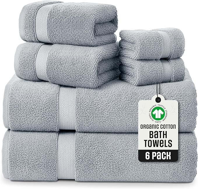 TOWELTIQUE- Organic Cotton Plush Bath Towels Pack of 6 GOTS & Oeko- TEX Certified | Premium Soft, Absorbent & Quick-Drying Towels for Bathroom, Gym, Spa & Hotel Use – Light Gray