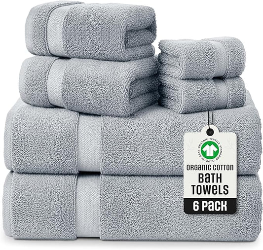 TOWELTIQUE- Organic Cotton Plush Bath Towels Pack of 6 GOTS & Oeko- TEX Certified | Premium Soft, Absorbent & Quick-Drying Towels for Bathroom, Gym, Spa & Hotel Use – Light Gray