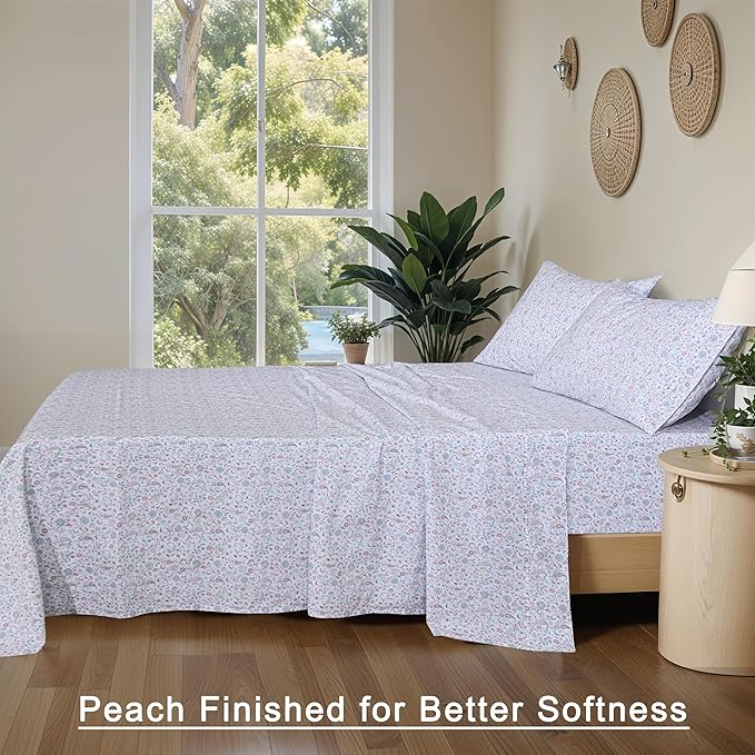 RUVANTI 100% Cotton Organic Percale Sheets Twin Size – Crisp Cooling Bed Sheets for Hot Sleepers, Deep Pocket 15”, Soft Peach Finish, Breathable & Durable Hotel-Style 3 Pcs, Multi Paisley