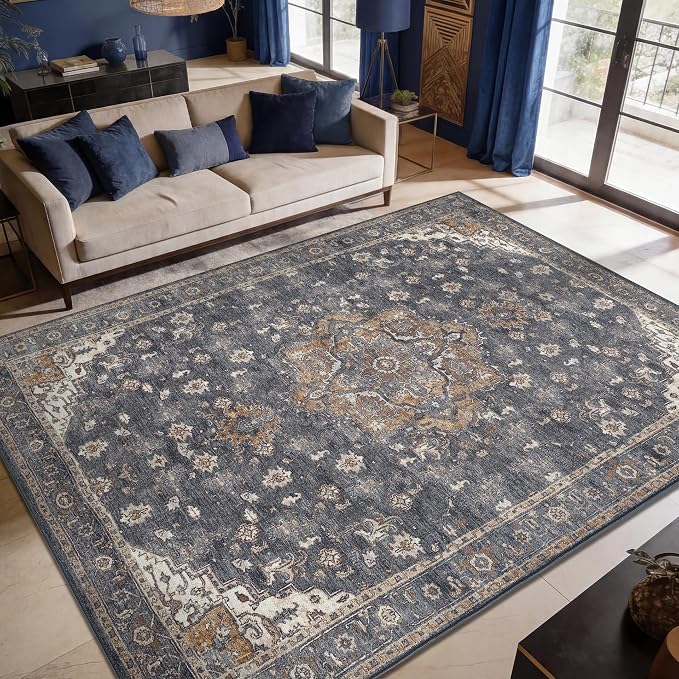 Keen Home Design 8x10 Rug - Machine Washable Area Rug with Non-Slip Backing, Ideal for Living Room, Dining Room, Bedroom - Vintage, Easy Clean, Durable, Low Pile Rug - (8' x 10')