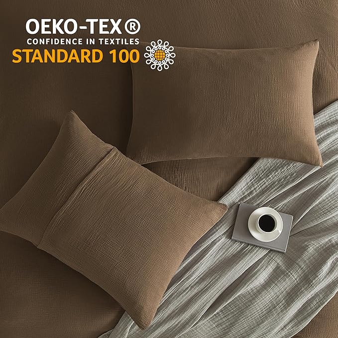 SE SOFTEXLY Muslin Duvet Cover King Size, 100% Washed Cotton Duvet Cover Set, Ultra Soft Comforter Cover Linen Like, 3 Pieces Minimalist Gauze Duvet Cover with 2 Pillowcases, 90"x104", Dark Brown