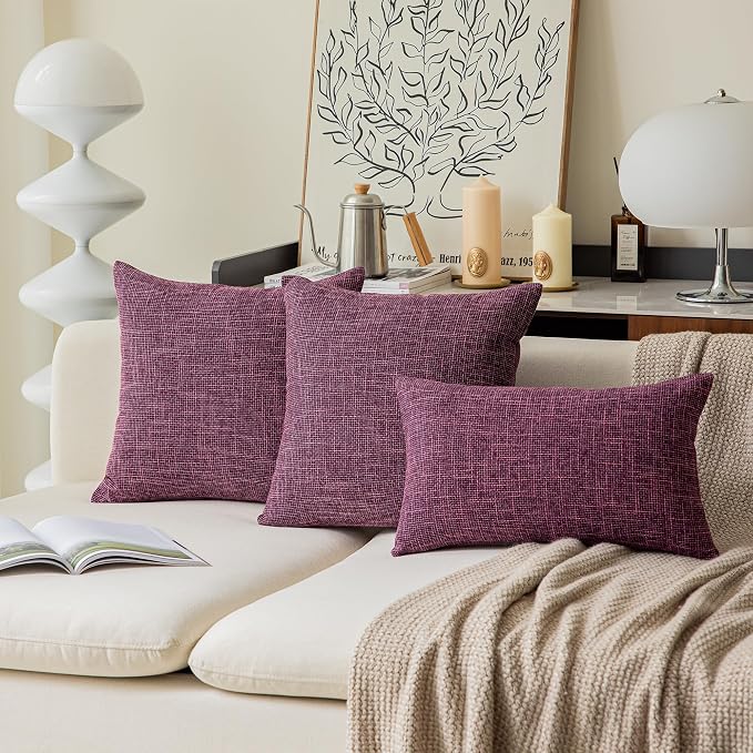 Kevin Textile Best Faux Linen Throw Cushion Covers Shams Textural Pillowcase with Hidden Zipper, 26"x26"(2 Pack, Purplish Red)