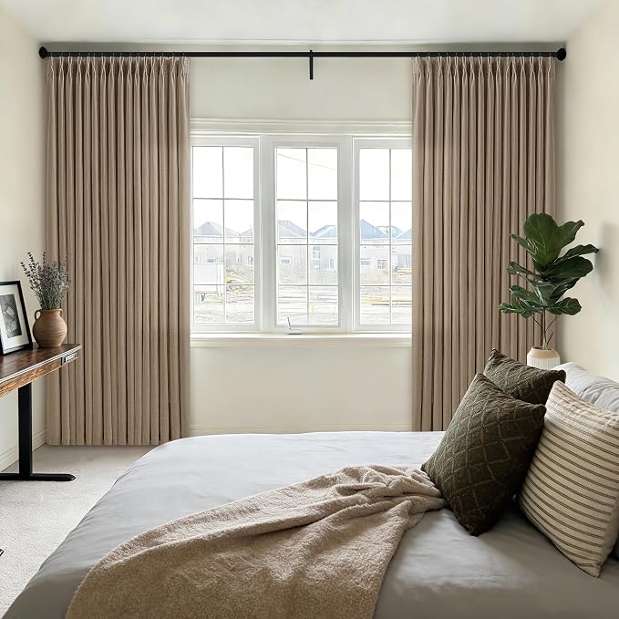 105 Inches Pleated Thick Linen Curtains 2 Panels Set for Living Room Bedroom Latte Memory Training Boho Farmhouse Linen Textured Curtain with Hooks Rings Light Brown Sliding Door Drapes 50x105