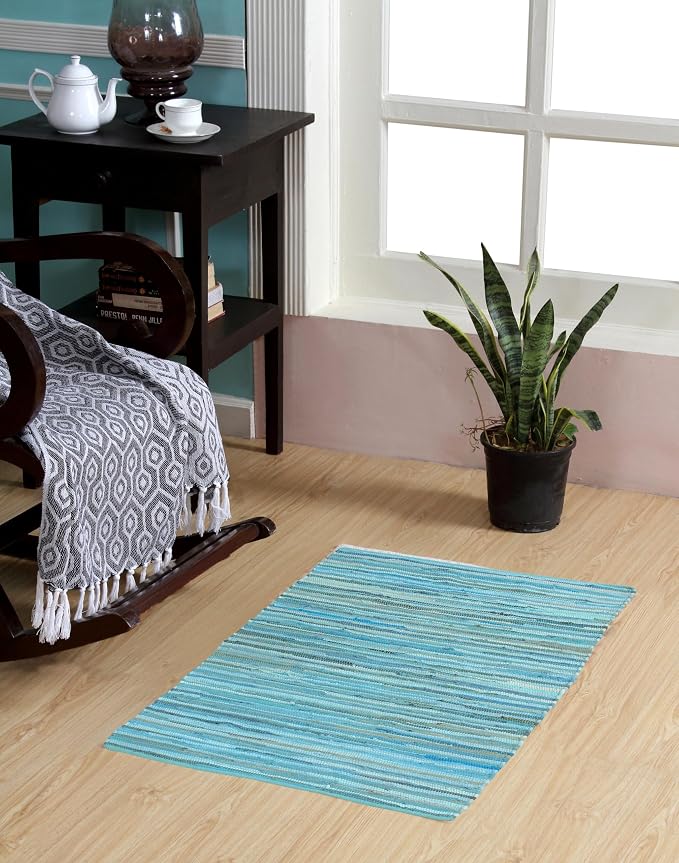 Handmade Cotton Chindi Rug Rectangular Area Rag Washable Recycled Rugs for Home Décor, Living Room and Bedroom (Teal, 2X3 Feet)
