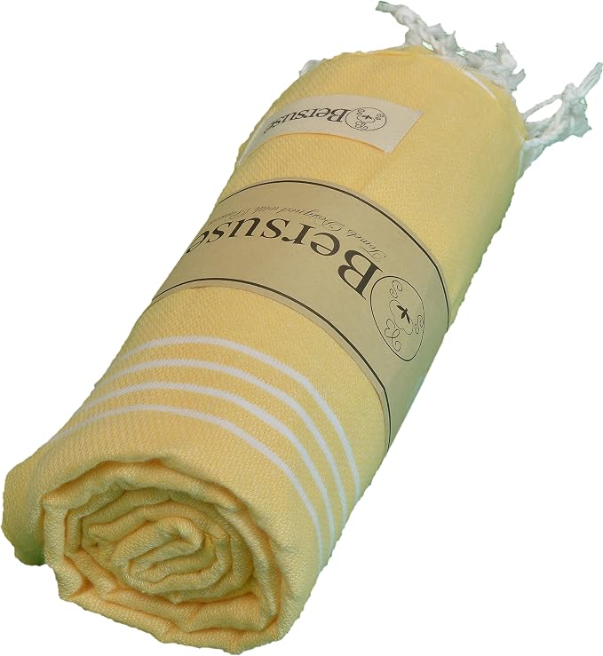 Bersuse Towels Anatolia XL Beach Blanket Throw Blanket Turkish Towel 100% Cotton Extra-Large Quick-Dry Lightweight Premium Peshtemal Towel - 61x82 Inches, Yellow (Set of 6)