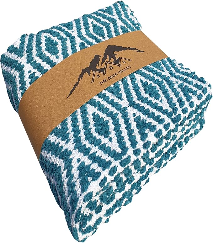 Chenille Cotton Diamond Rug 21x34 Inches - Teal, Reversible Small Soft Washable Front Door Mat Ideal for Kitchen, Entryway, Bathroom | Green Farmhouse Boho Accent Indoor Throw Rugs for Patio
